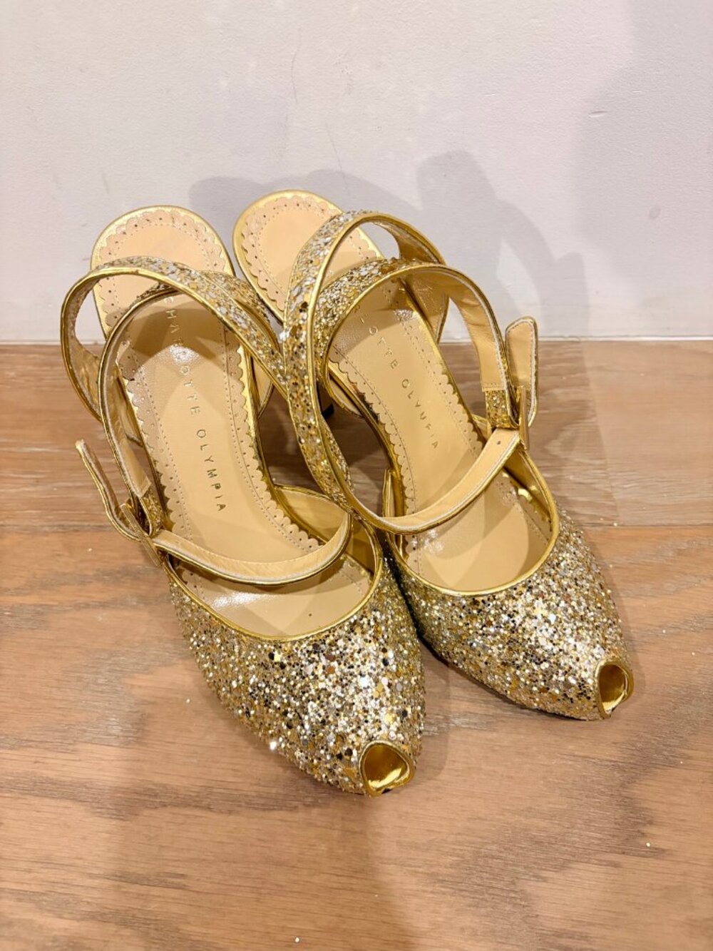 Charlotte Olympia Risque Glitter Peep-Toe Pumps Gold Ankle-Strap Heels
